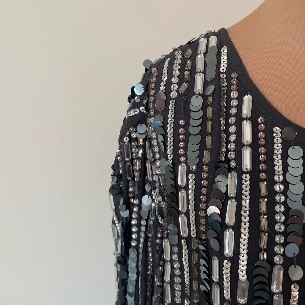 MAC DUGGAL Charcoal Gray Embellished High Neck Long Sleeve Fitted Dress NWT 16